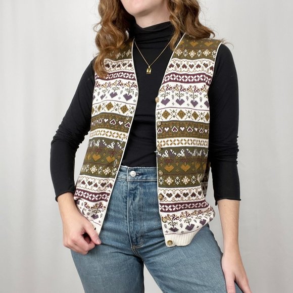 Vintage Rustic Cottagecore Fair Isle Knit Sweater Vest Floral Hearts Cardigan - Picture 5 of 9